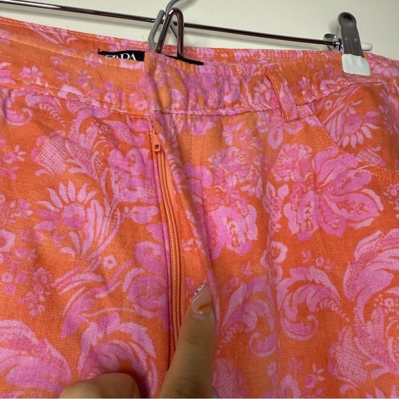 ZARA Full Length Linen Blend Floral Pink Beachy Boho Pants in Geranium Print - Picture 4 of 10